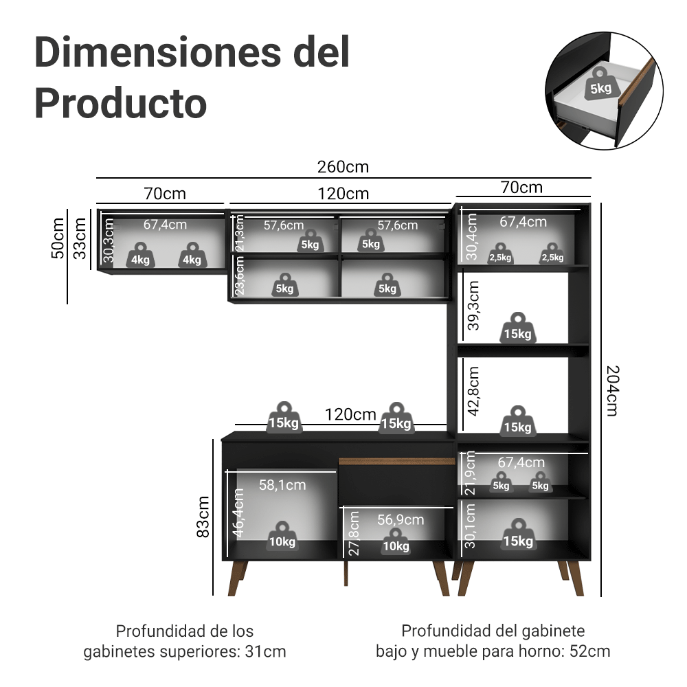 Mueble de Cocina Completa Pieta 260 cm 8 Puertas 1 Cajón (Con Mesada) Negro Madesa
