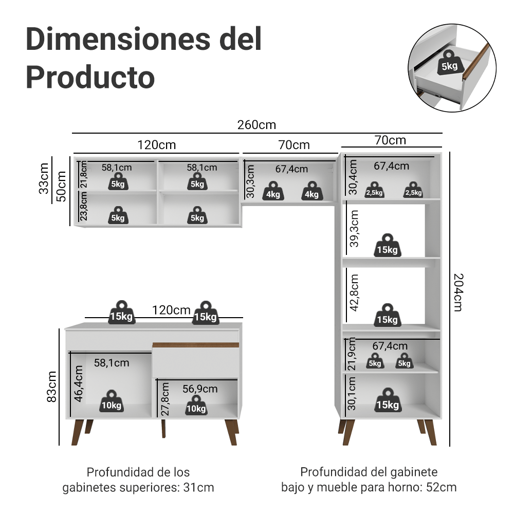 Combo completo de Cocina 260 cm Blanco Pieta Madesa