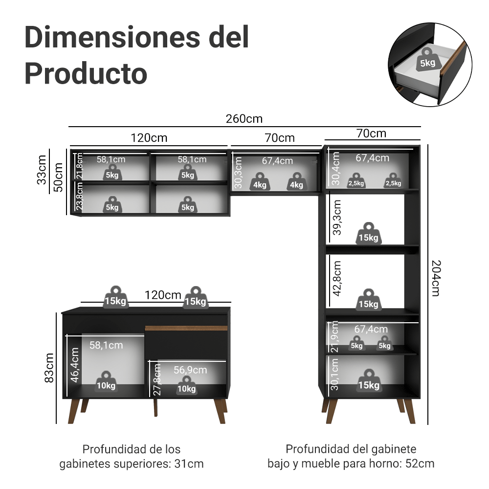 Combo completo de Cocina 260 cm Negro Pieta Madesa