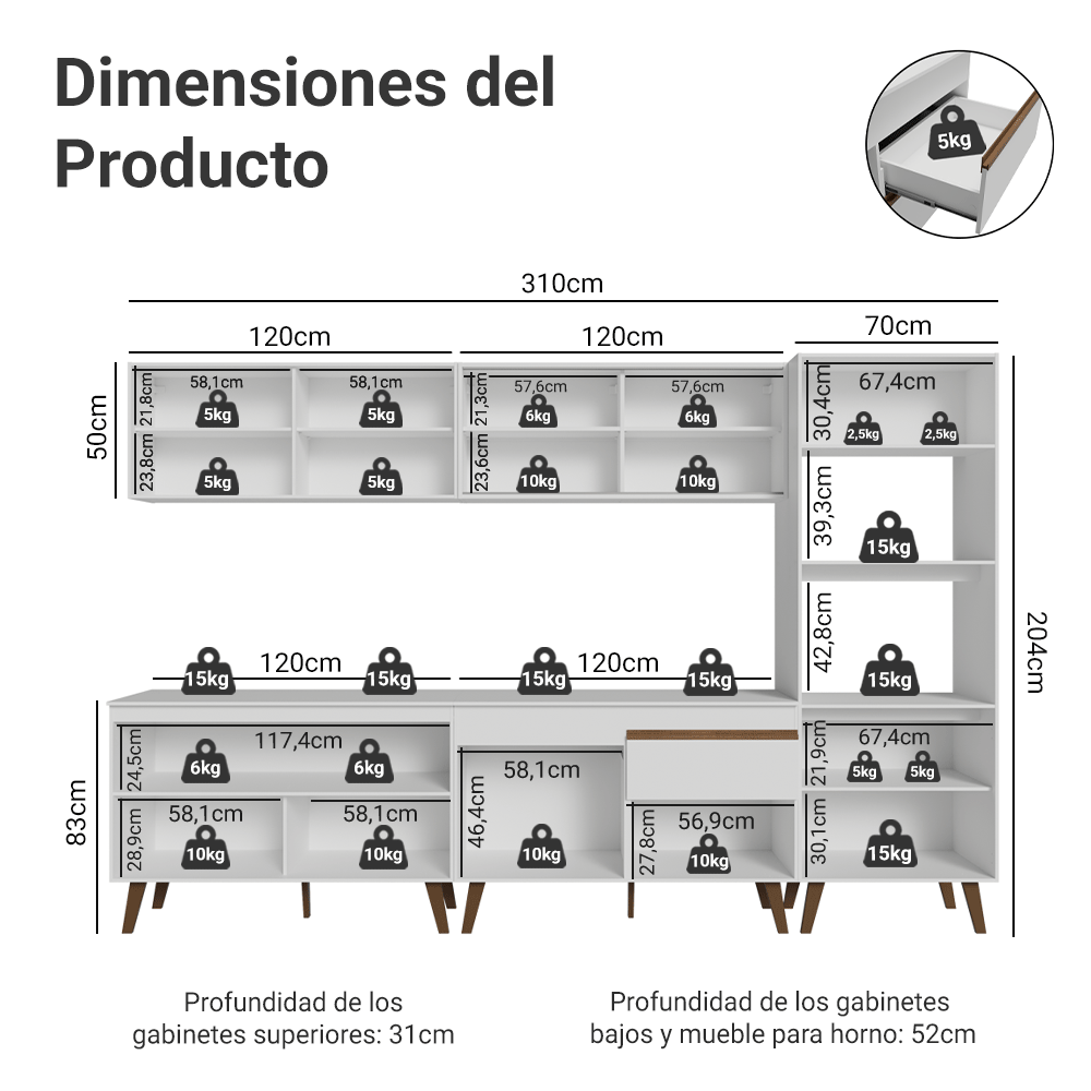 Mueble de Cocina Completa Pieta 310 cm 11 Puertas 1 Cajón (Con Mesada) Blanco 01 Madesa