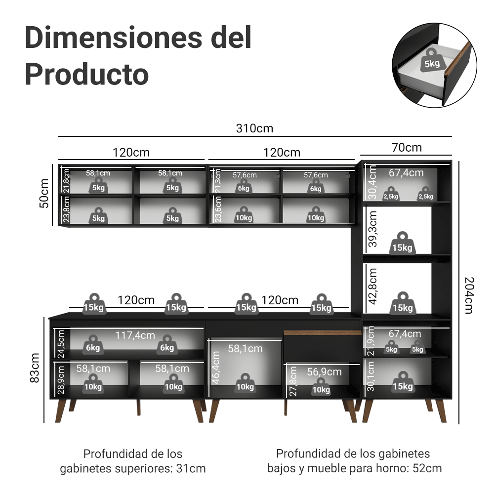 Mueble de Cocina Completa Pieta 310 cm 11 Puertas 1 Cajón (Con Mesada) Negro 01 Madesa