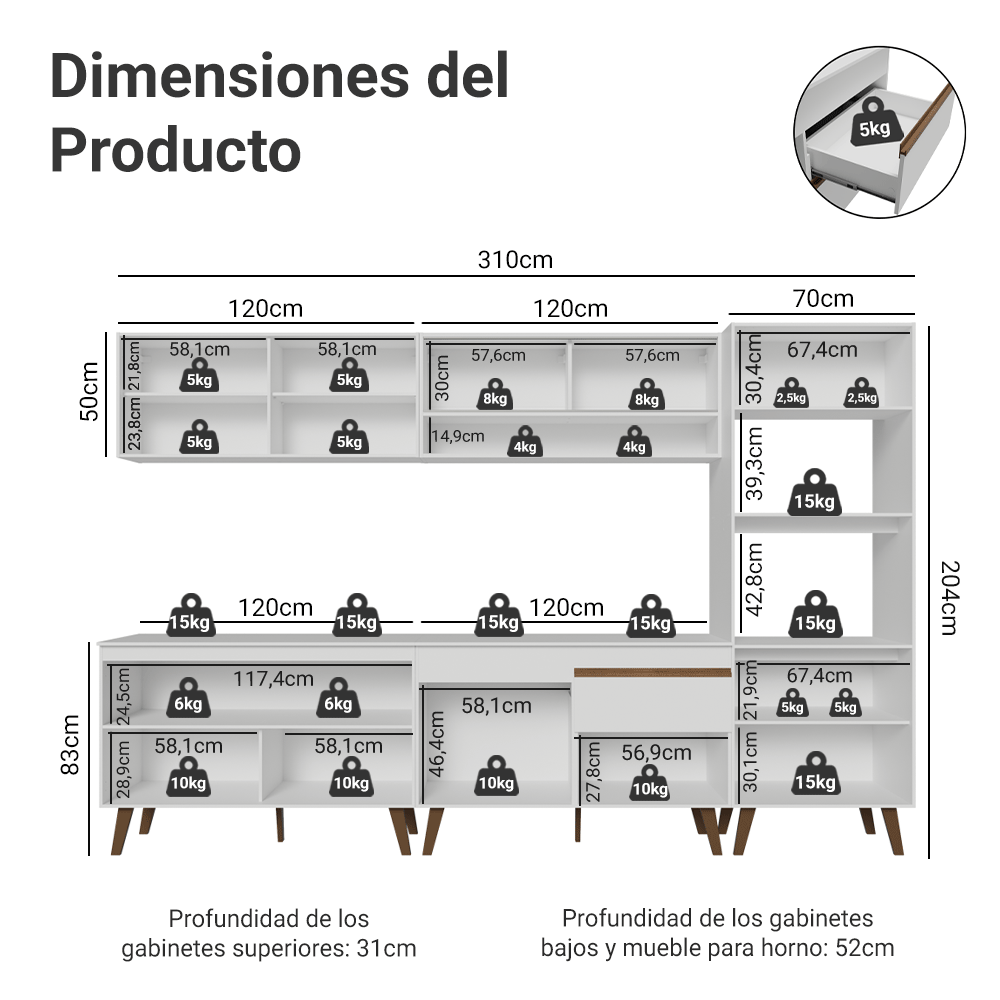Mueble de Cocina Completa Pieta 310 cm 11 Puertas 1 Cajón (Con Mesada) Blanco 02 Madesa