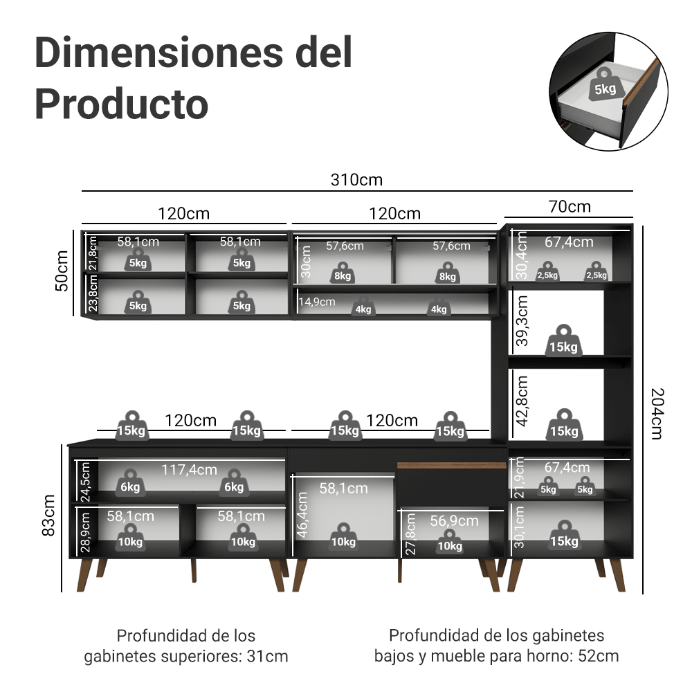 Mueble de Cocina Completa Pieta 310 cm 11 Puertas 1 Cajón (Con Mesada) Negro 02 Madesa