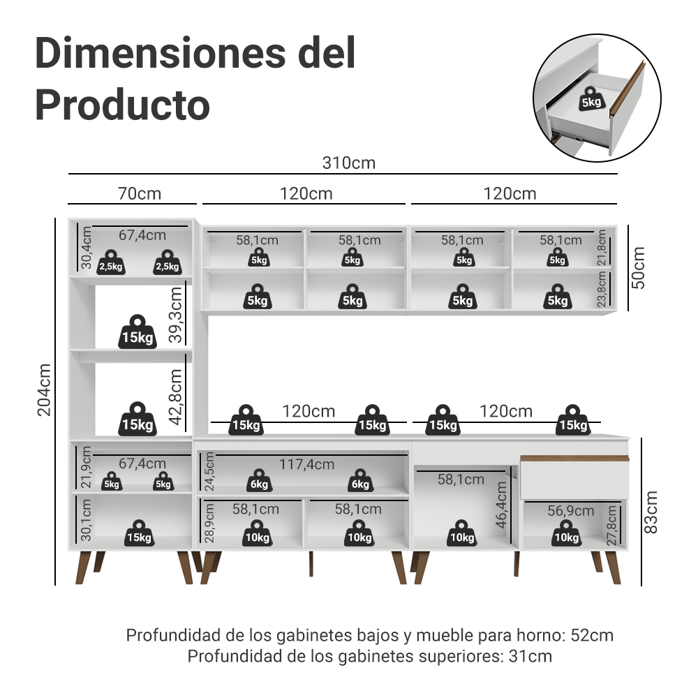 Cocina Compacta 310 cm Blanco Pieta Madesa