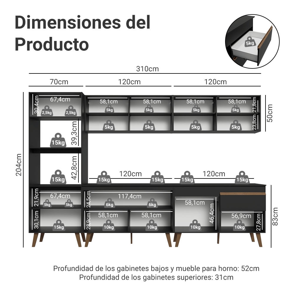 Cocina Compacta 310 cm Negro Pieta Madesa
