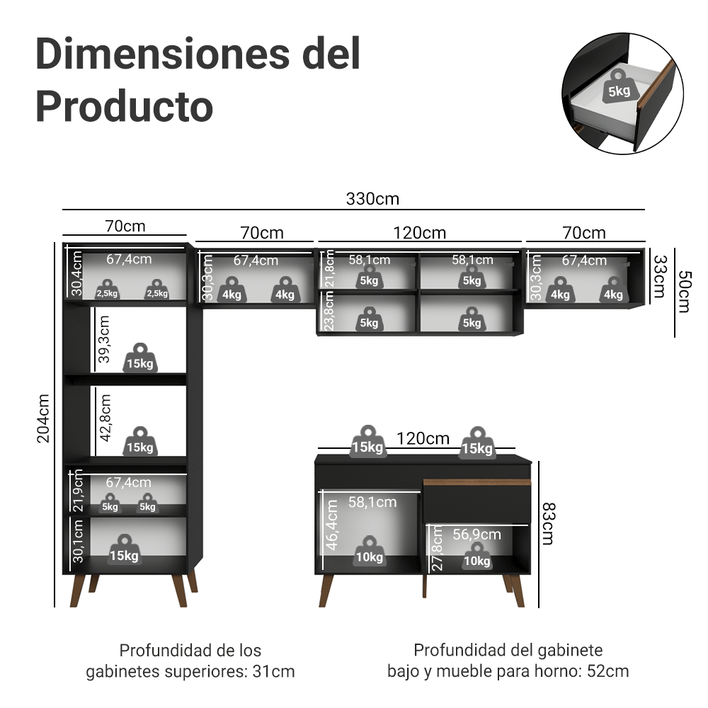 Combo completo de Cocina 330 cm Negro Pieta Madesa