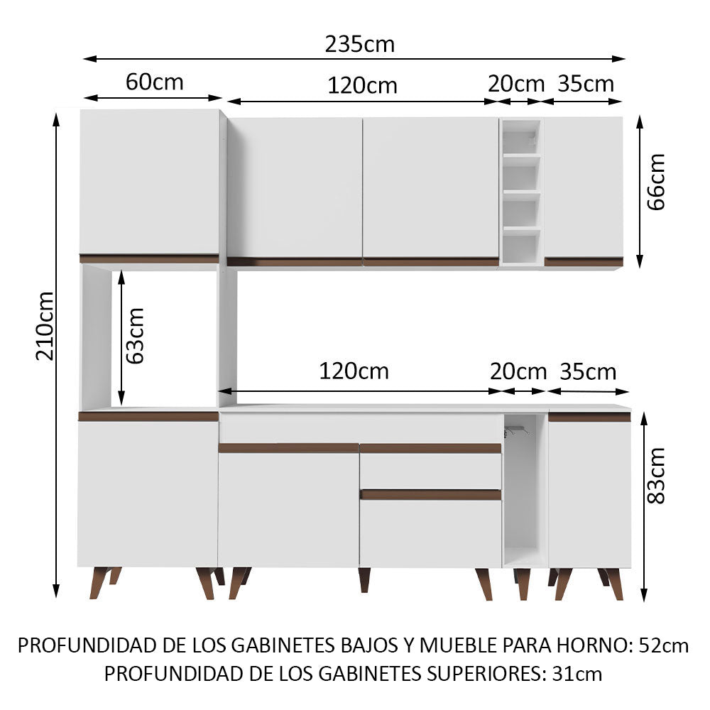Combo Completo de Cocina 235 cm 8 Puertas 1 Cajón con Mueble para Horno o Microondas Blanco Reims Madesa