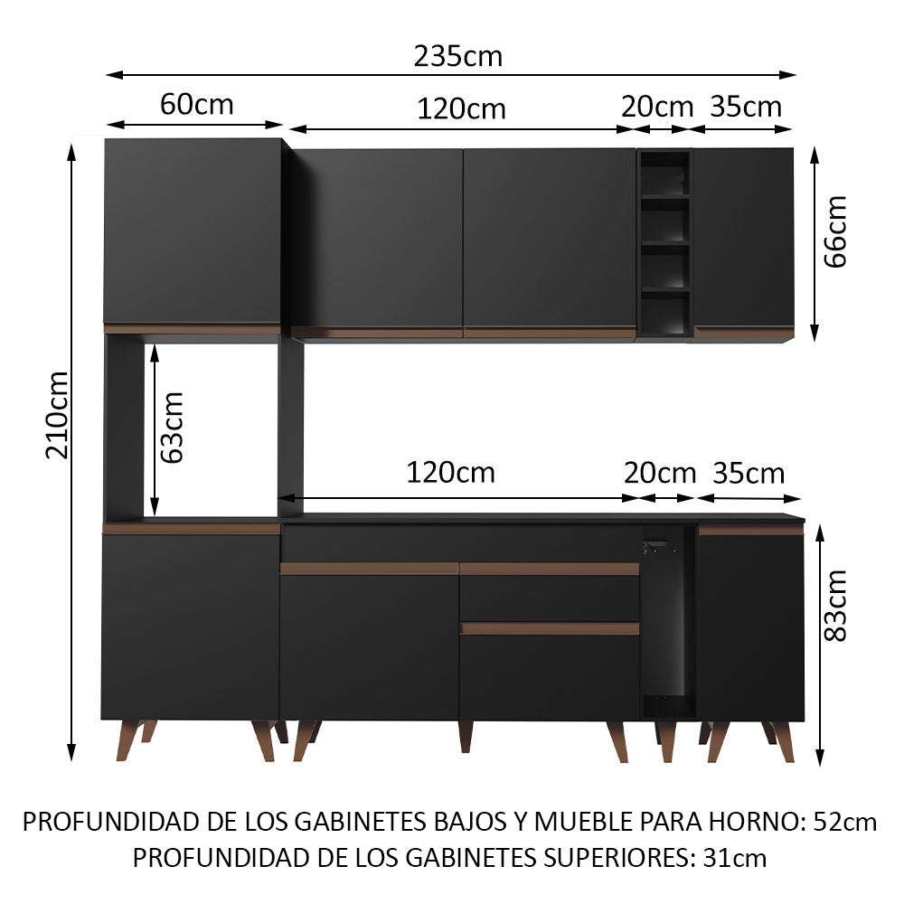Combo Completo de Cocina 235 cm 8 Puertas 1 Cajón con Mueble para Horno o Microondas Negro Reims Madesa