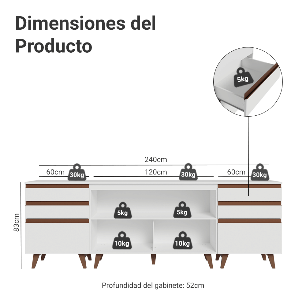Kit com 3 Bajo Mesada Reims Madesa 2 Puertas 6 Cajones BB