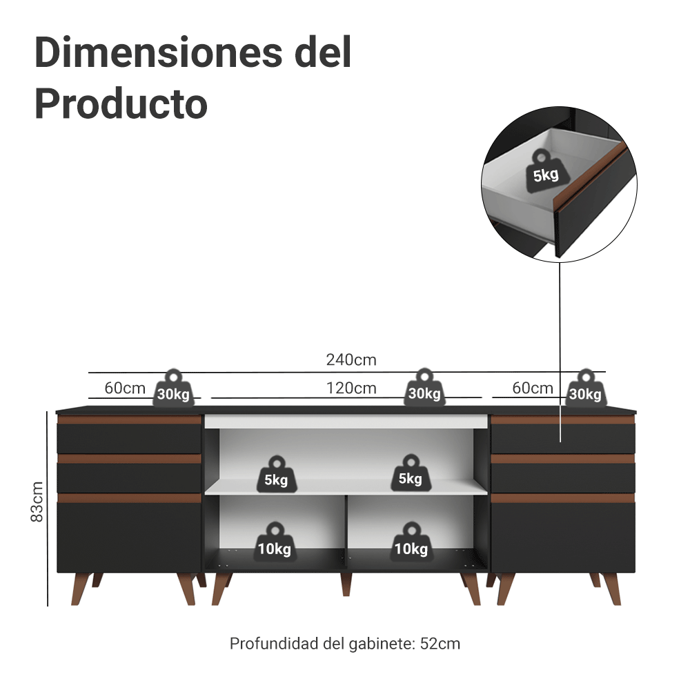 Cocina Compacta 240 cm 2 Puertas 6 Cajones Negro Reims Madesa