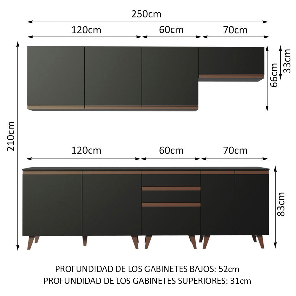 Combo Completo de Cocina 250 cm 8 Puertas 3 Cajones Negro Reims Madesa