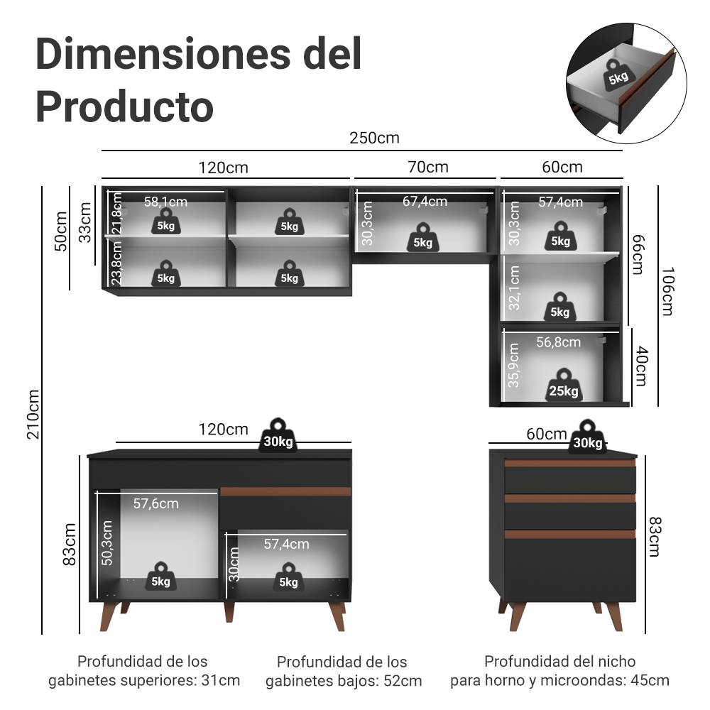 Combo de Cocina 250 cm Reims Negro 07