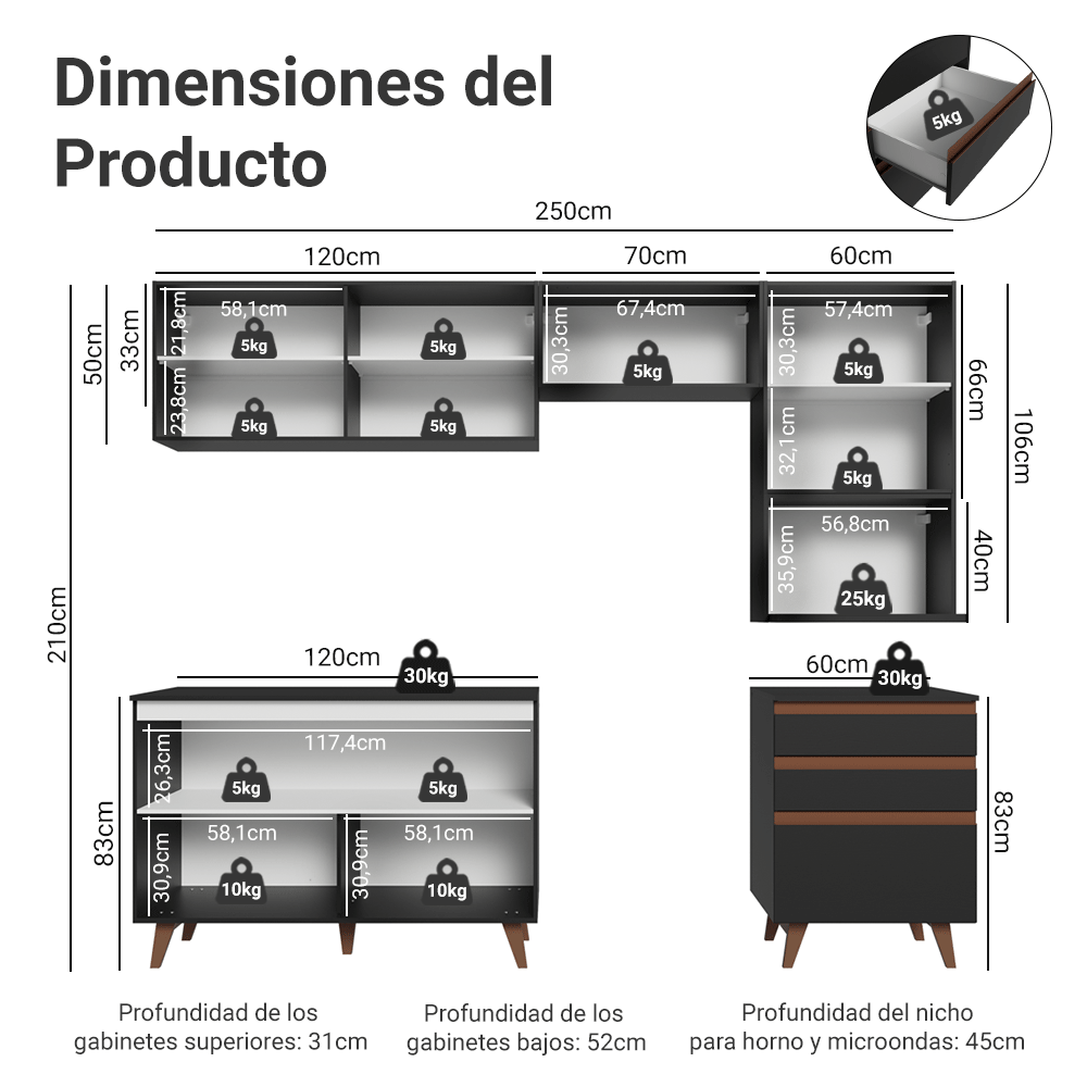 Combo de Cocina 250 cm Reims Negro 08