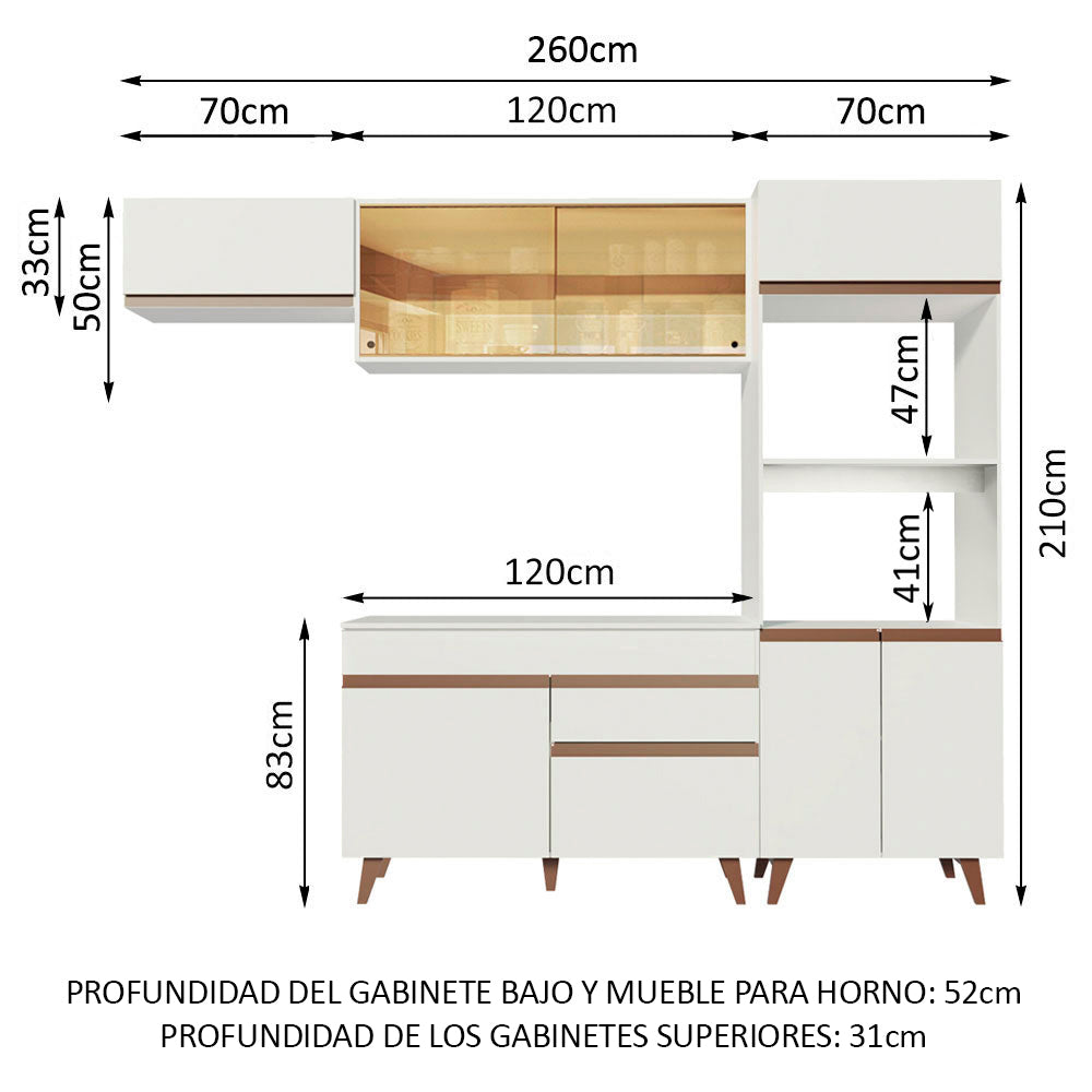 Combo Completo de Cocina 260 cm 8 Puertas 1 Cajón con Mueble para Horno y Microondas Blanco Reims Madesa 01