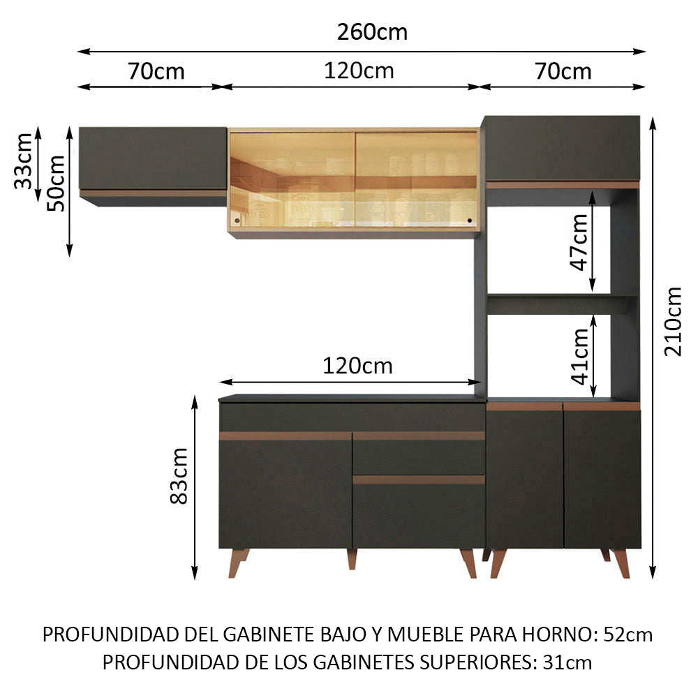 Combo Completo de Cocina 260 cm 8 Puertas 1 Cajón con Mueble para Horno y Microondas Negro/Marrón Reims Madesa