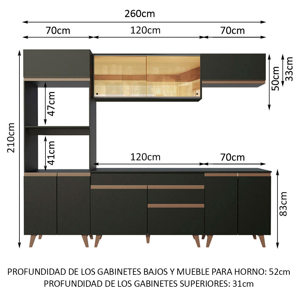 Combo Completo de Cocina 260 cm 10 Puertas 1 Cajón con Mueble para Horno y Microondas Negro Reims Madesa