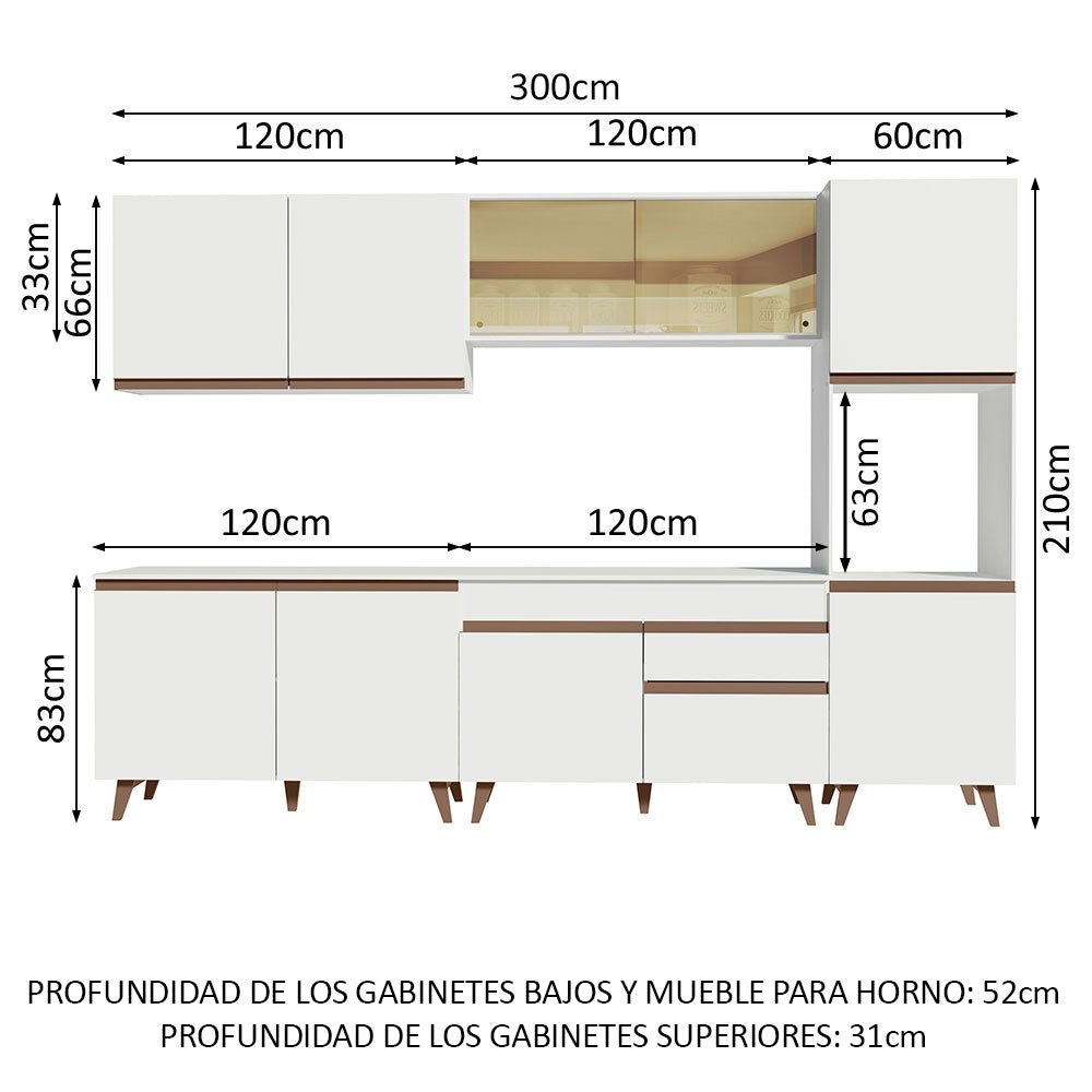 Combo Completo de Cocina 300 cm 10 Puertas 1 Cajón con Mueble para Horno o Microondas Blanco Reims Madesa 01