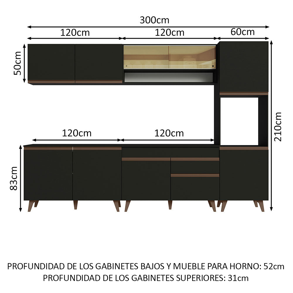 Combo Completo de Cocina 300 cm 10 Puertas 1 Cajón con Mueble para Horno o Microondas Negro Reims Madesa 02