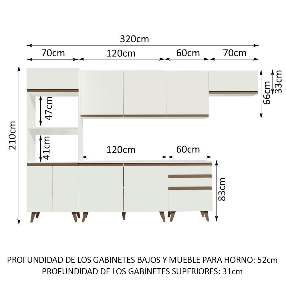 Combo Completo de Cocina 320 cm 9 Puertas 3 Cajones con Mueble para Horno y Microondas Blanco Reims Madesa