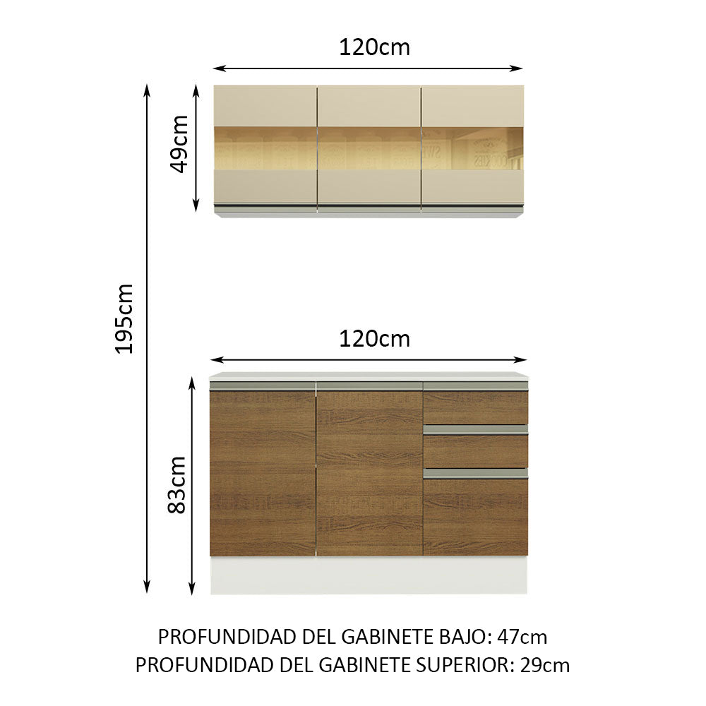 Cocina Compacta 100% MDF 120 cm Blanco/Marrón/Crema Smart Madesa 01