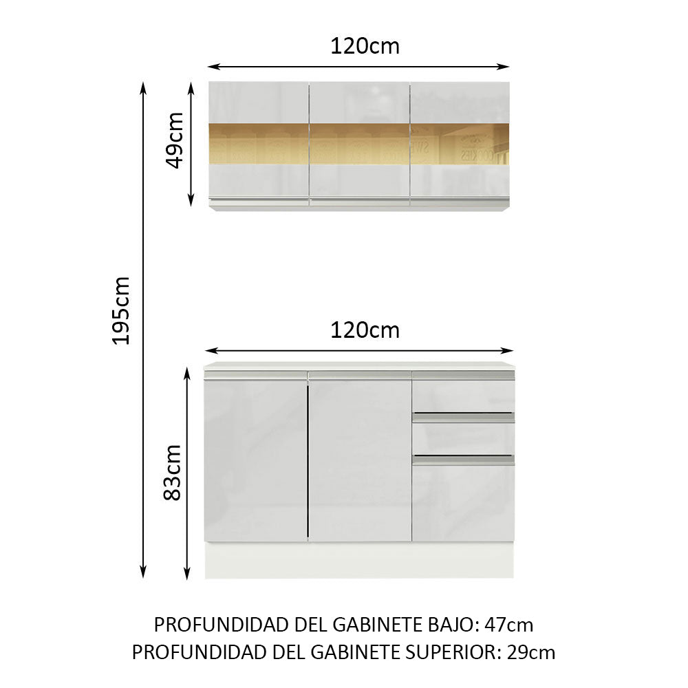 Cocina Compacta Smart 100% MDF Puertas Brillante XP 120 cm 6 Puertas 2 Cajones (Con Mesada) Blanco Madesa