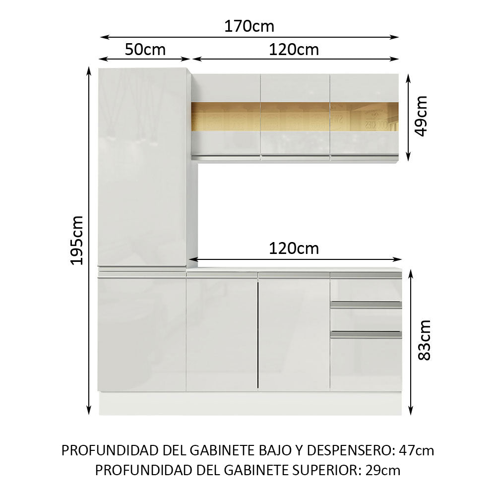 Cocina Compacta Smart 100% MDF Puertas Brillante 170 cm 8 Puertas 2 Cajones (Con Mesada) Blanco Madesa