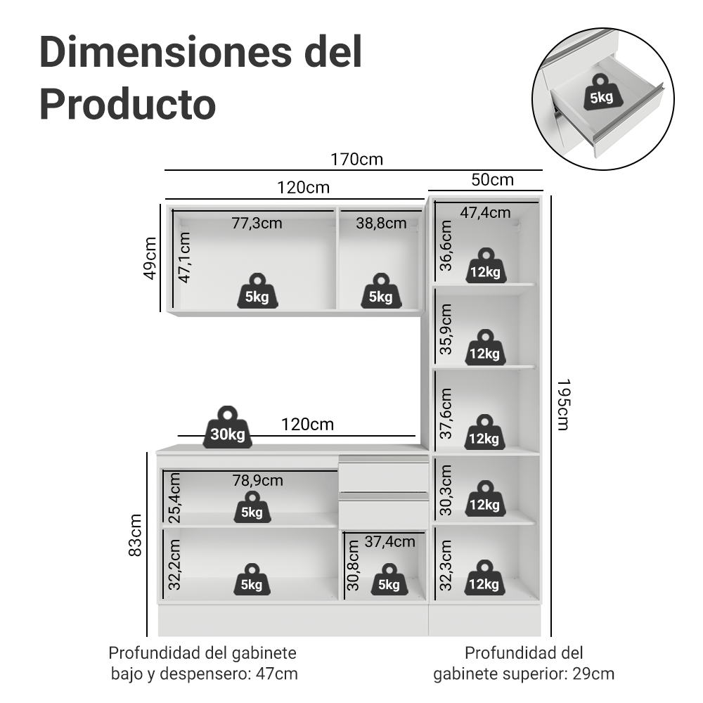 Cocina Compacta 170 cm 100% MDF Blanco Smart Madesa