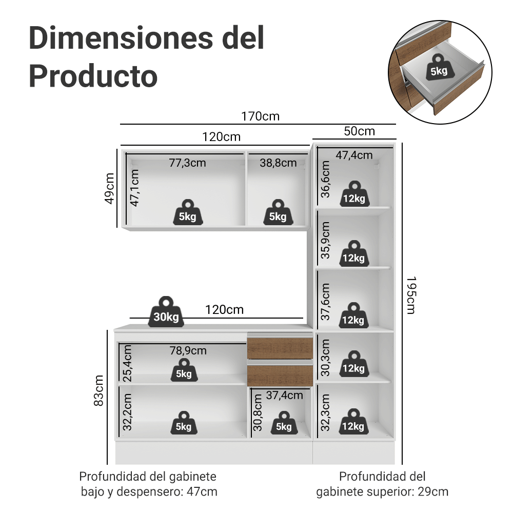 Cocina Compacta 170 cm 100% MDF Blanco/Marrón/Crema Smart Madesa