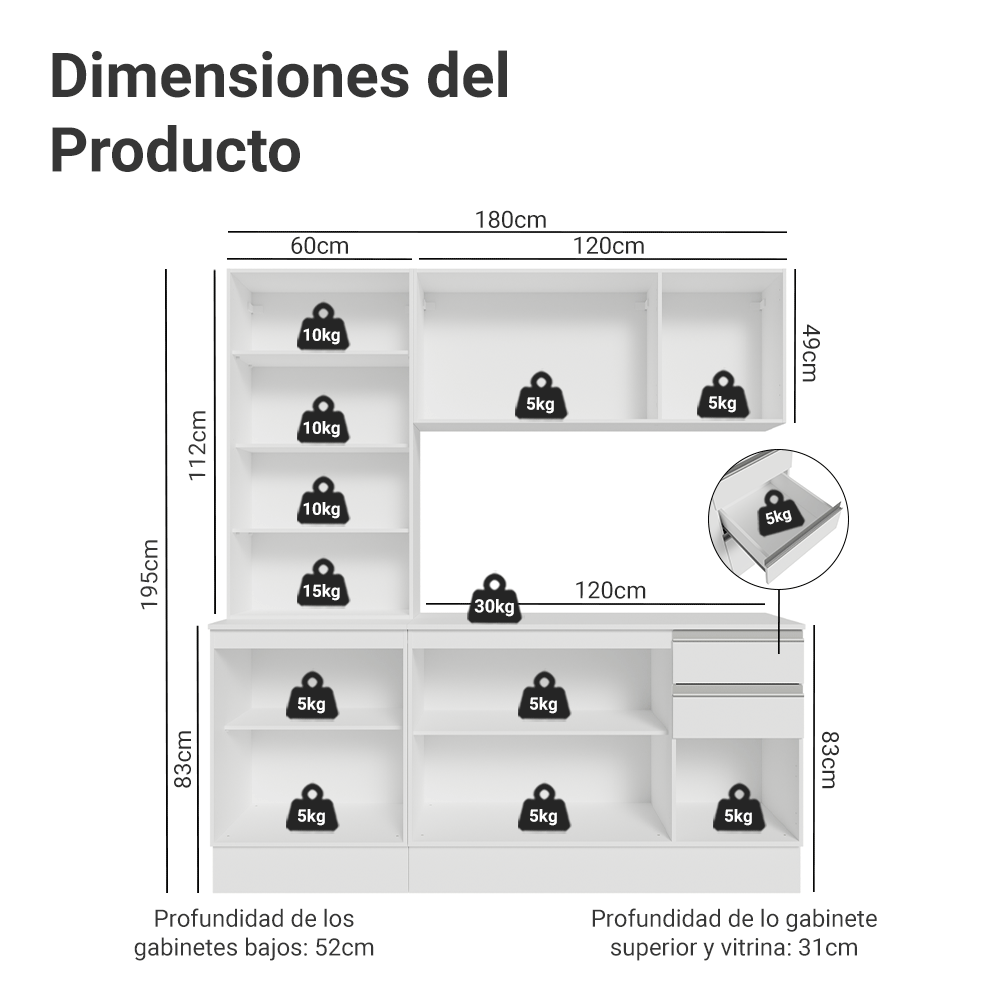 Cocina Compacta 180 cm Smart 100% MDF Blanco 03