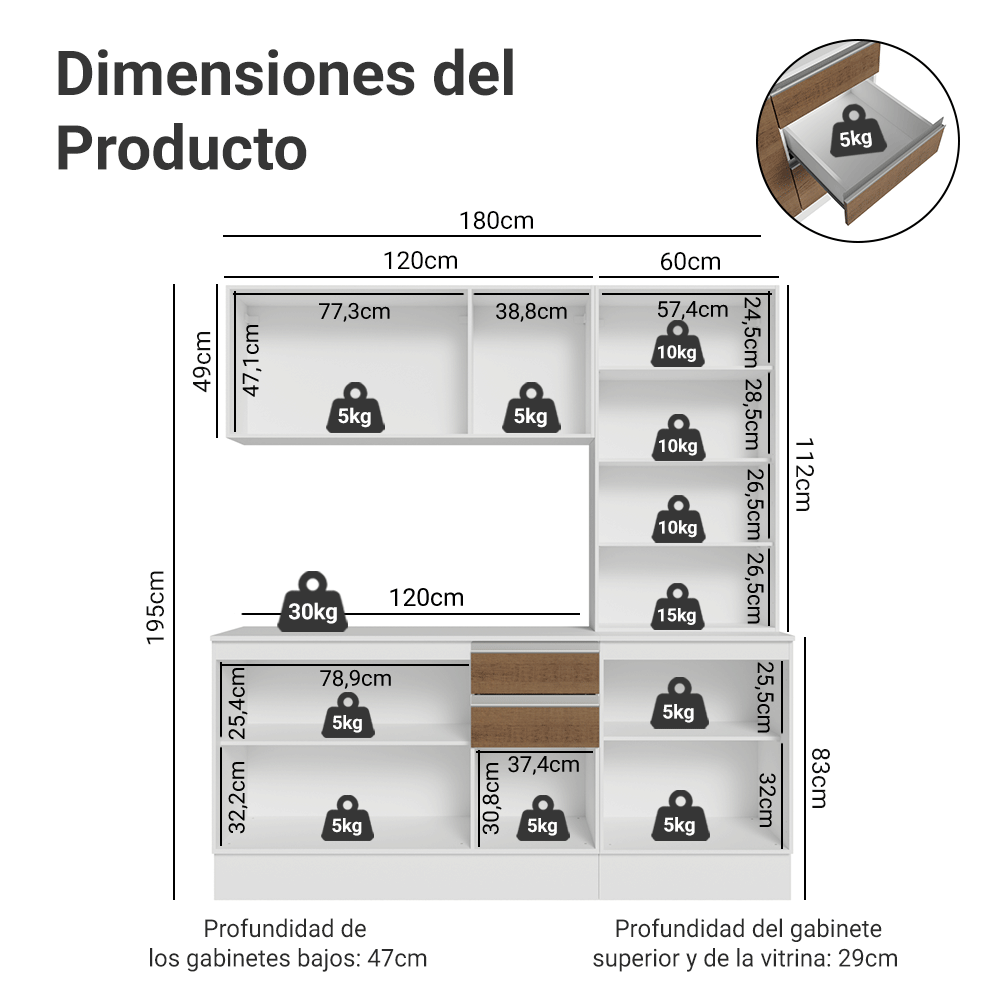 Cocina Compacta 180 cm 100% MDF Blanco/Marrón/Crema Smart Madesa