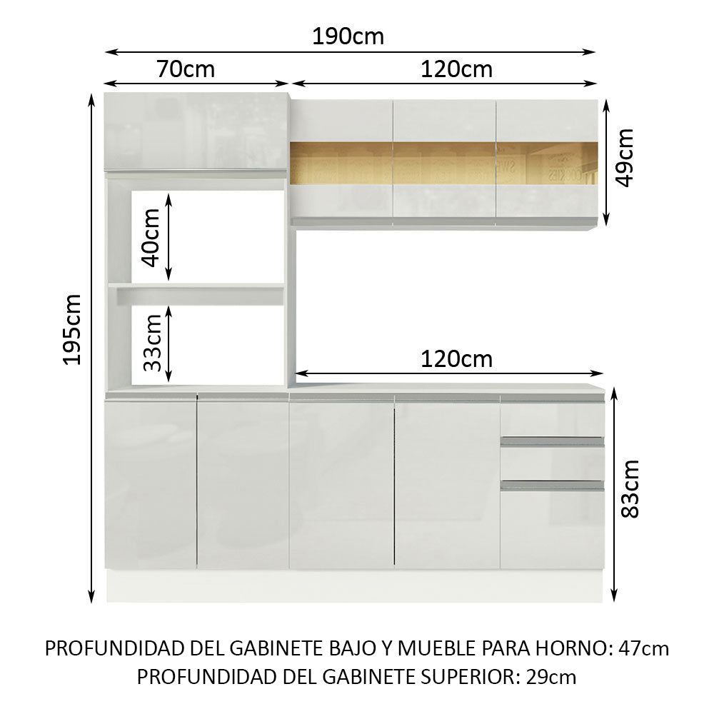 Cocina Compacta Smart 100% MDF Puertas Brillante XP 190 cm 9 Puertas 2 Cajones (Con Mesada) Blanco Madesa