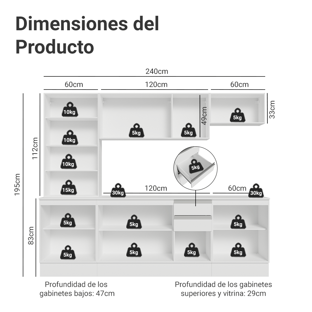 Combo Completo de Cocina 240 cm 13 Puertas 2 Cajones 100% MDF con Cristalero Blanco Smart Madesa