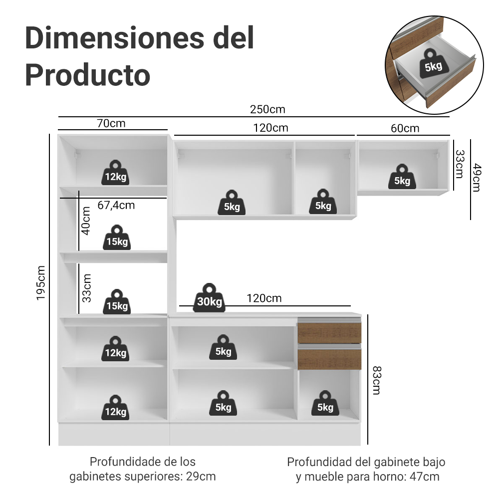 Combo completo de Cocina 100% MDF 250cm Blanco/Marrón/Crema Smart Madesa 03