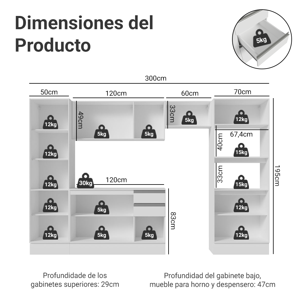 Combo completo de Cocina 100% MDF 300cm Blanco Smart Madesa 03