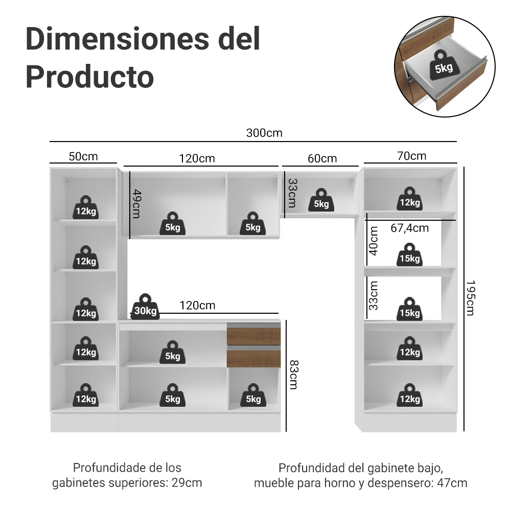Combo completo de Cocina 100% MDF 300cm Blanco/Marrón/Crema Smart Madesa 03