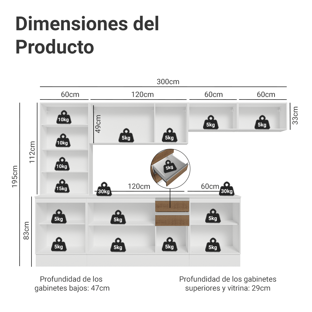 Combo Completo de Cocina 100% MDF 300 cm Blanco/Marrón/Crema Smart Madesa 04