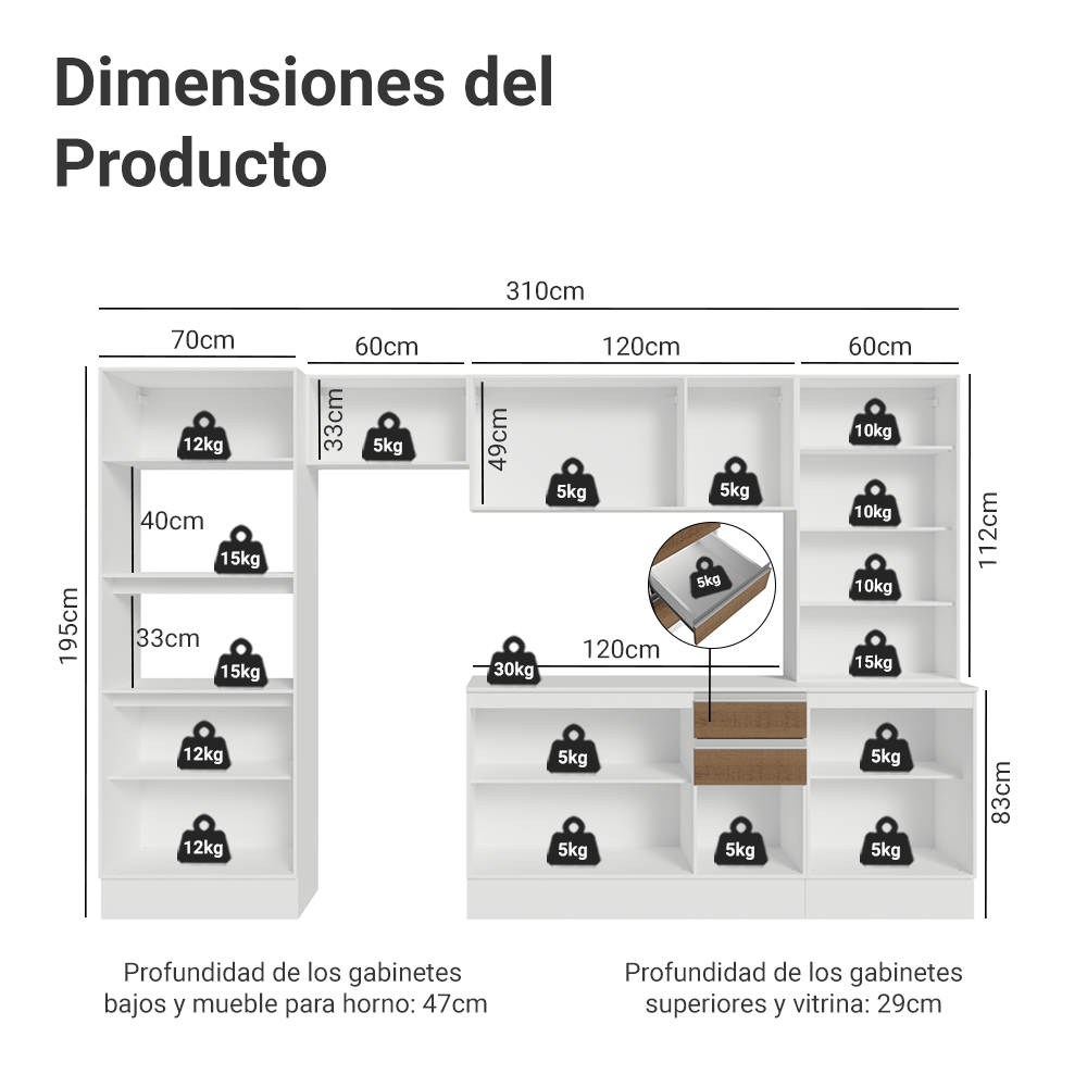 Combo completo de Cocina Smart 100% MDF 310 cm 14 Puertas 3 Cajones (Con Mesada) Blanco/Marrón/Crema Madesa