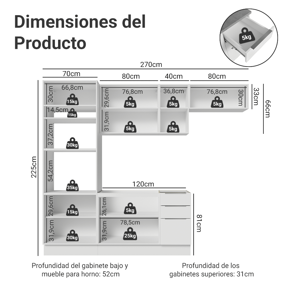 Combo completo de Cocina 270 cm Blanco Stella Madesa