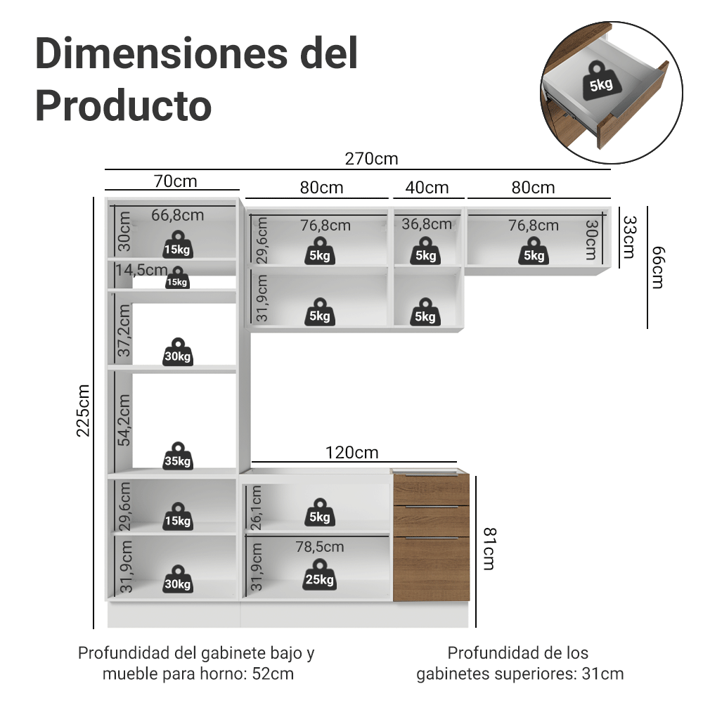 Combo completo de Cocina 270 cm Blanco/Marrón Stella Madesa