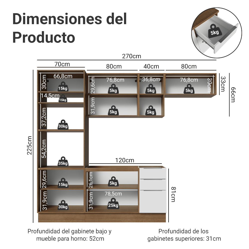 Combo completo de Cocina 270 cm Marrón/Blanco Stella Madesa