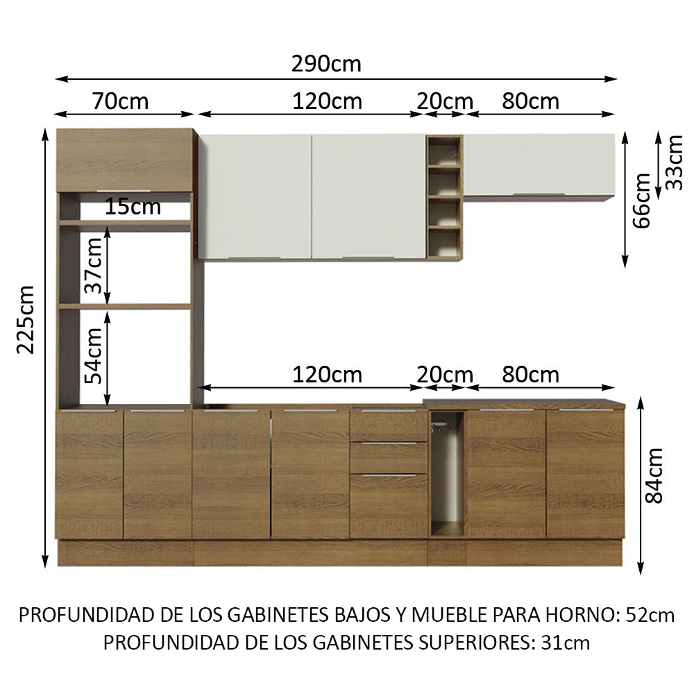 Combo Completo de Cocina 290cm Marrón/Marrón/Blanco Stella Madesa 01