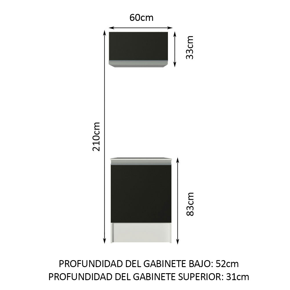 Kit Cocina 60 cm 2 Puertas con Alacena y Bajo Mesada Blanco/Negro Topazio Madesa