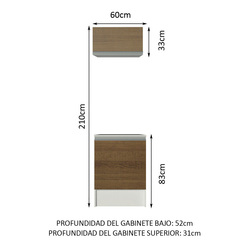 Kit Topazio 60 cm con alacena y bajo mesada, Blanco/Marrón