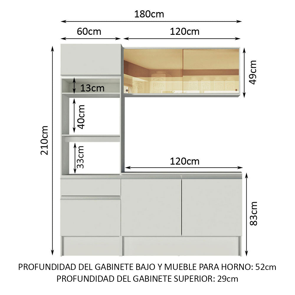 Cocina Compacta 180 cm 6 Puertas 1 Cajón con Mueble para Horno y Microondas Blanco Diamante Madesa
