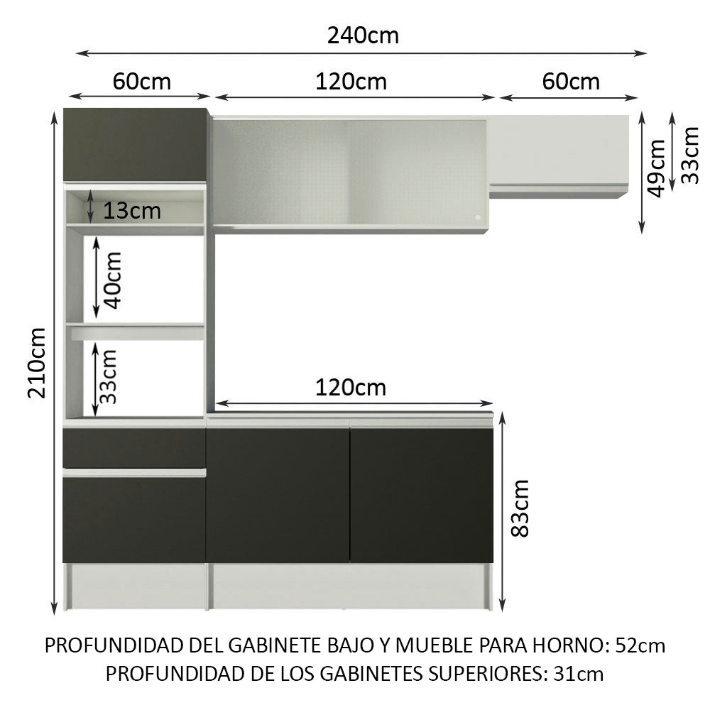 Combo Completo de Cocina 240 cm Blanco/Negro/Blanco Topazio Madesa 01