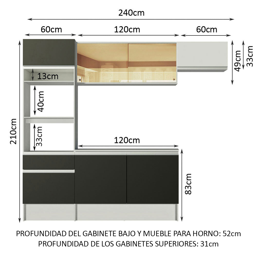 Combo Completo de Cocina 240 cm Blanco/Negro/Blanco Diamante Madesa 02