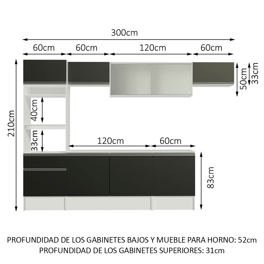 Combo Completo de Cocina 300 cm Blanco/Negro Topazio Madesa 01