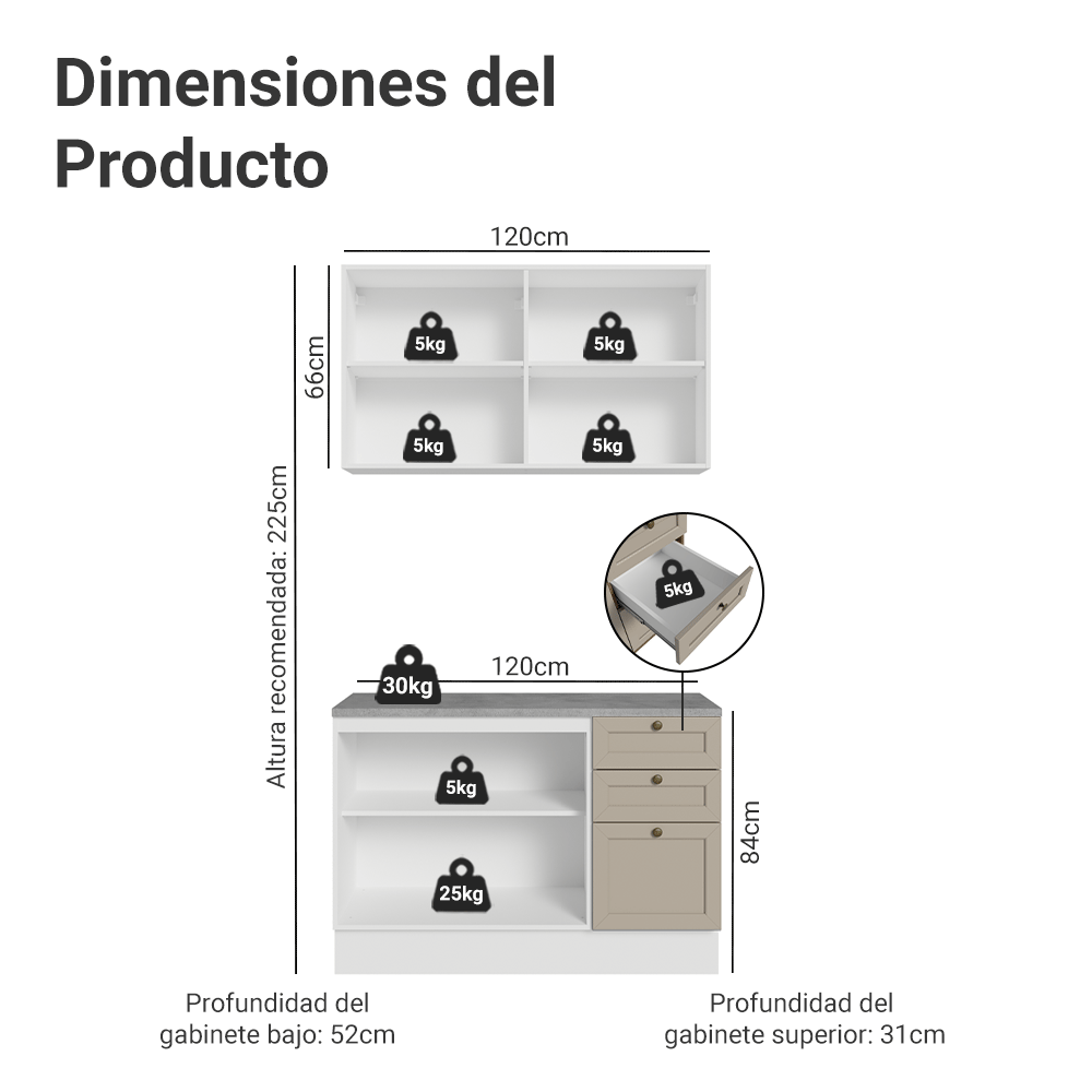 Combo de Cocina Compacta 120 cm Blanco/Crema Vik Madesa 01