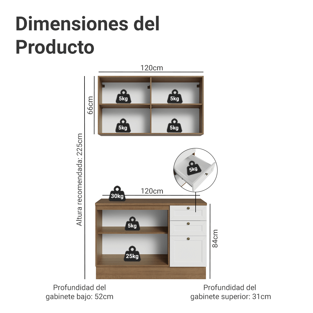 Cocina Compacta 120 cm 4 Puertas 3 Cajones Marrón/Blanco Vik Madesa