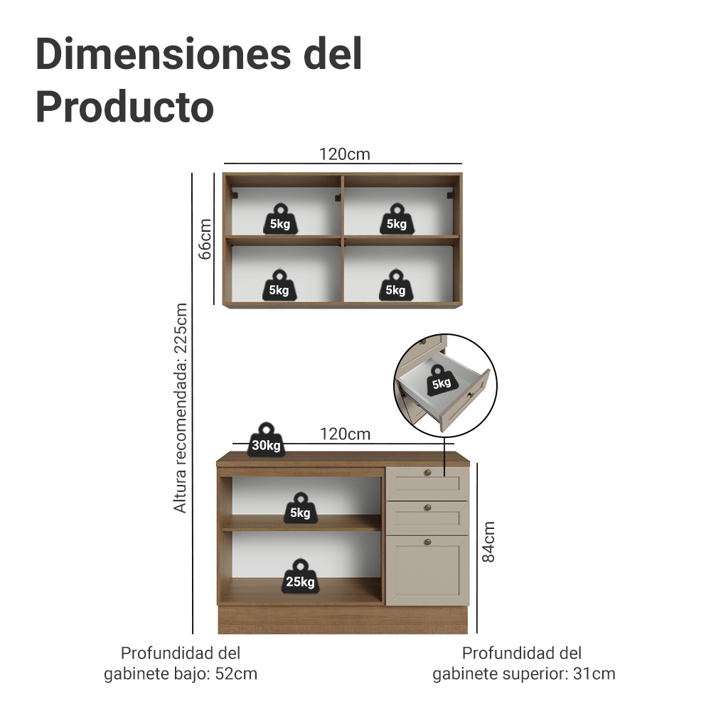 Cocina Compacta 120 cm 4 Puertas 3 Cajones Sin Mesada Marrón/Crema Vik Madesa